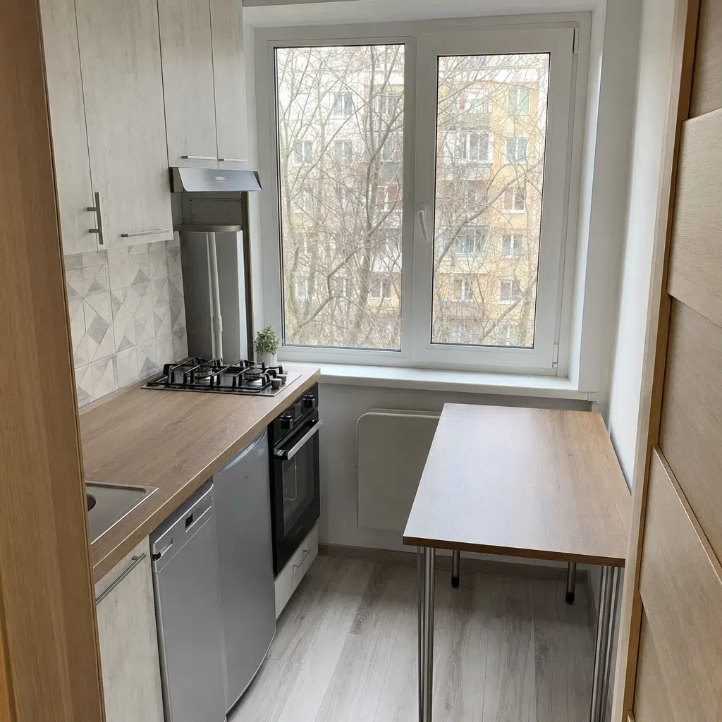 Кухня 6 квадратов: посудомойка съела стол, а я нашёл решение на 4 ножках