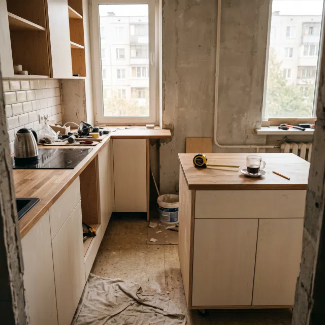 кухня с островом в маленьком помещении — мой косяк с проходом и 30 тысячами